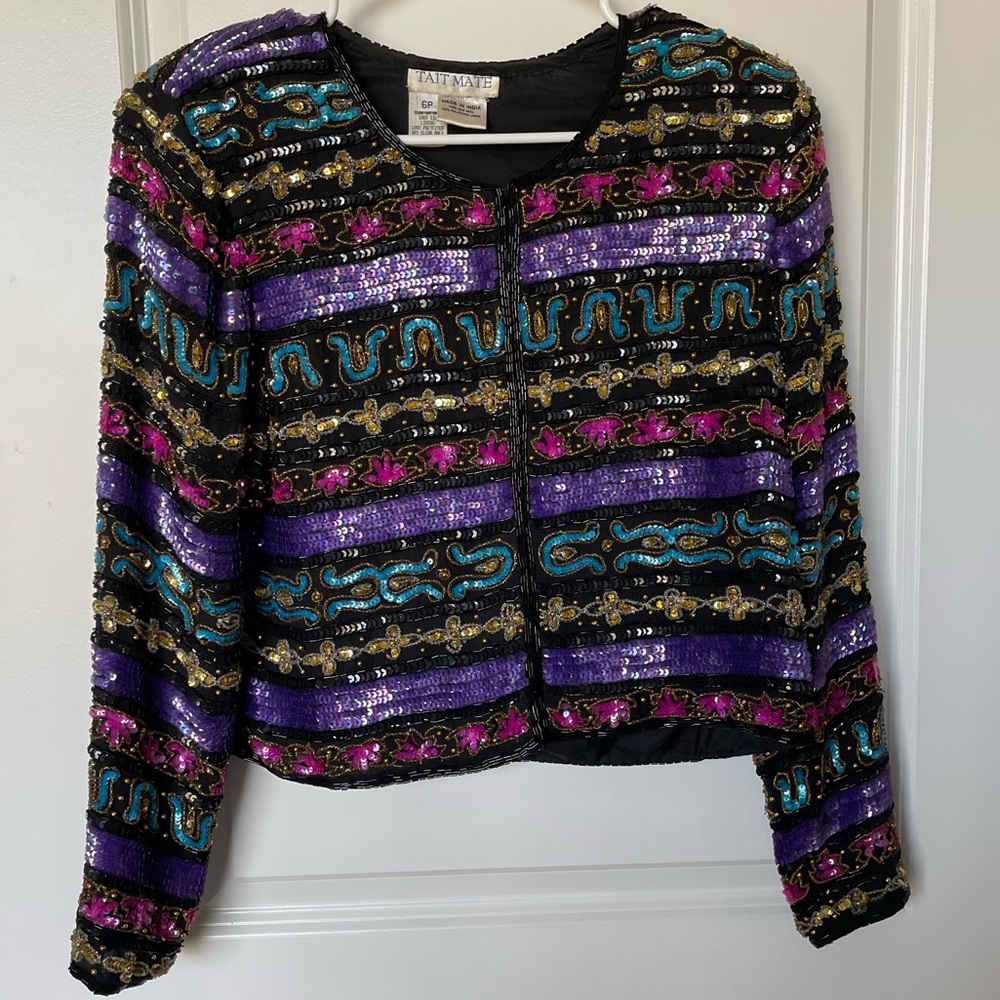 Vintage Sequin Jacket Tait Mate Women’s Black Purple Pink Blue Gold 100% Silk